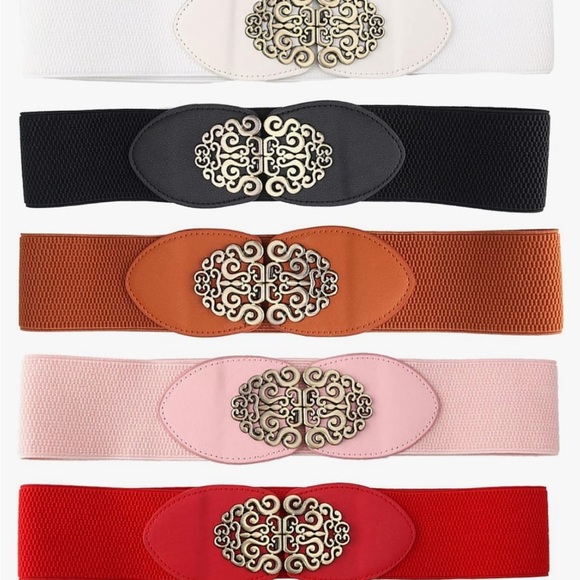 Pink Elastic Leather Gold Swirl Detail Buckle Wide Belt - Picture 4 of 4